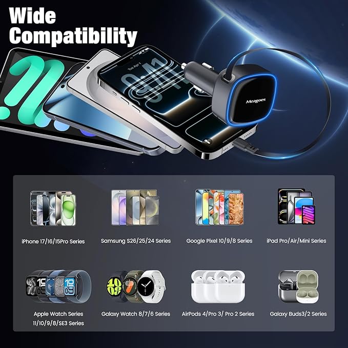 Retractable Car Charger USB C, 90W Super Fast Car Adapter for iPhone 17 Pro Max/Air/16/iPad/Samsung S26, USBC Android Phone Accessories, Dual 45W PPS Cigarette Lighter Adapter Plug with Type C Cable