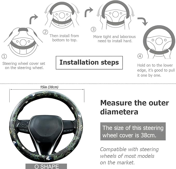 Boho Floral Steering Wheel Cover Auto Leather Steering Wheel Protector, Anti-Slip, Breathable, Absorbing Sweat, Universal Floral Car Accessories 14.5–15 inch,Fit for Most Car, Trucks, SUV