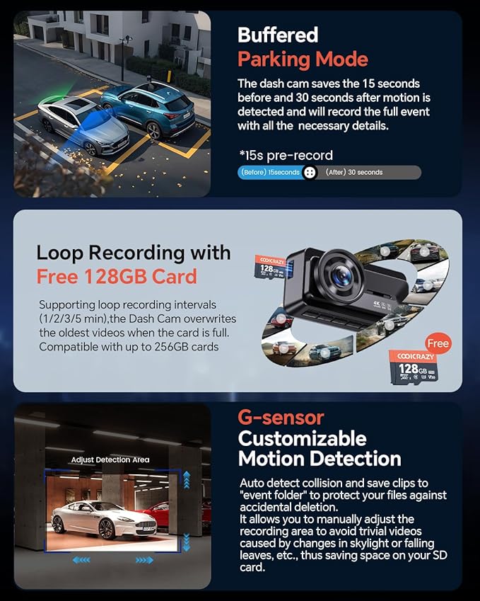 Coolcrazy 4K Dash Cam Front and Rear, STARVIS Sensor, Free 128GB Card Included, 5GHz WiFi-up to 20MB/s, Dual Dash Camera for Cars, Built-in GPS, G-Sensor, WDR/HDR Super Night Vision, 24H Parking Mode