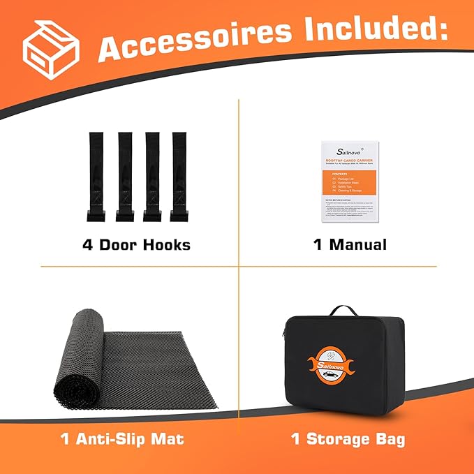 Sailnovo Rooftop Cargo Carrier 15 Cubic Feet, Waterproof Car Roof Bag Top Luggage Storage with Slip Mat, 4 Door Hooks & Heavy-Duty PVC for All Vehicle Roof with/Without Rack Cross Bar Orange