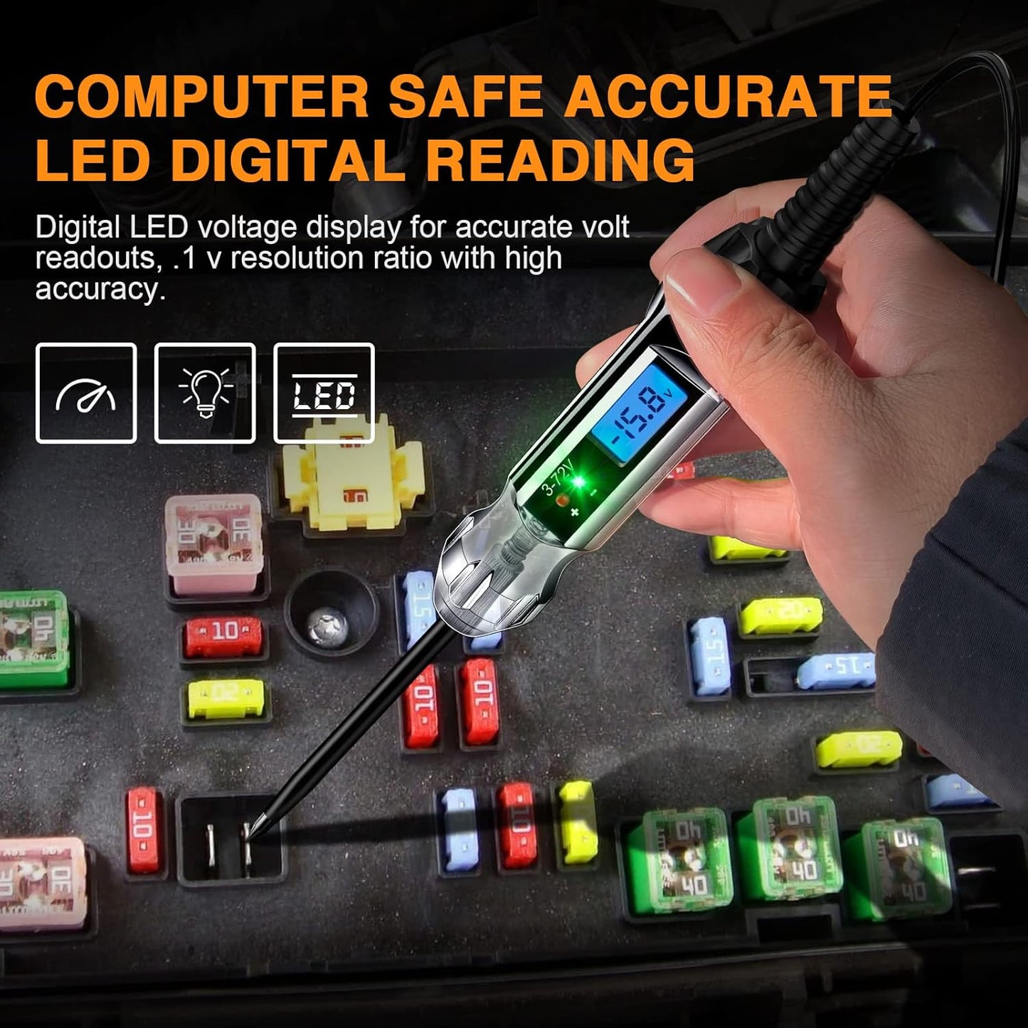 Heavy Duty 3-72V Backlit Digital LCD Circuit Tester, Automotive Test Light with 140 Inch Extended Wire and 2 Polarity Indicate LED Lights, Car Truck Low DC Voltage & Light Tester with Stainless Probe