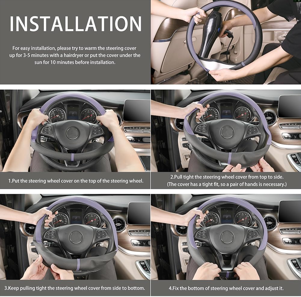COFIT Breathable Car Steering Wheel Cover 15 inch Auto Universal Leather Wrap Non-Slip Steeringwheel Protector Automotive Interior Accessories, Purple (Suit for 14.5-15 inch)