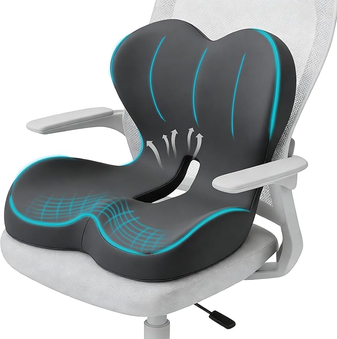Seat Cushion for Office Chair and Car, Lumbar Support Pillow for Office Chair, Memory Foam Ergonomic Seat Cushion for Long Sitting, Back & Tailbone Pain, Sciatica - Dark Gray
