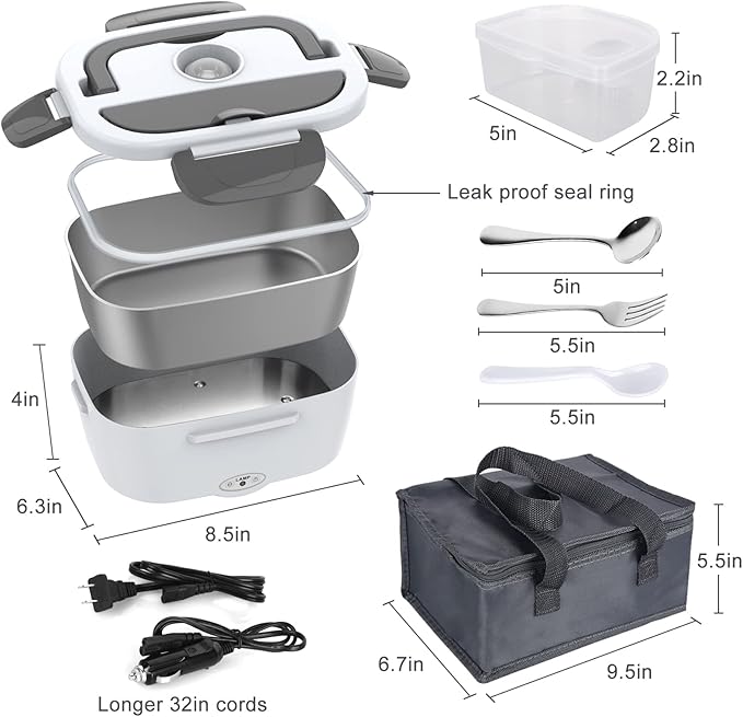 Electric Lunch Box Food Heater, 3 in 1 Ultra Quick Heated Lunch Boxes for Adults, 12V/24V/110V Portable Food Warmer for Car/Truck/Office With Fork Spoon and Insulated Carry Bag