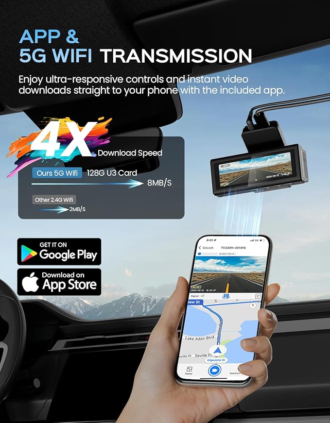 TECXERLLON 4K Dash Cam Front and Rear with ADAS Assist, Free 128GB Card Included, Built-in GPS & 5G WiFi, G-Sensor, Dash Camera with No-Light Night Vision,170°/150° Wide View, 24H Parking Mode