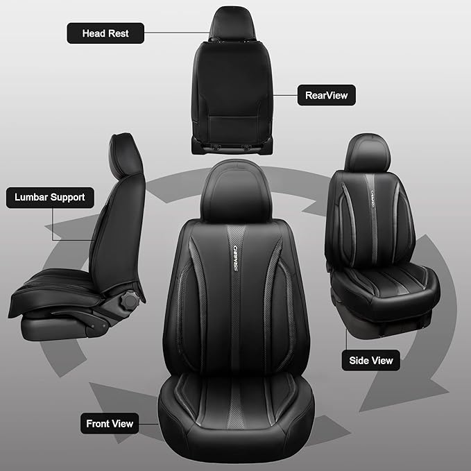 CAR PASS Carbon Fiber Nappa Leather Car Seat Covers Front Only Cushioned Leatherette 2 Piece Padded Waterproof Universal Fit for Cars SUV Truck Pickup Automotive Vehicle Interior, 2PCS Black