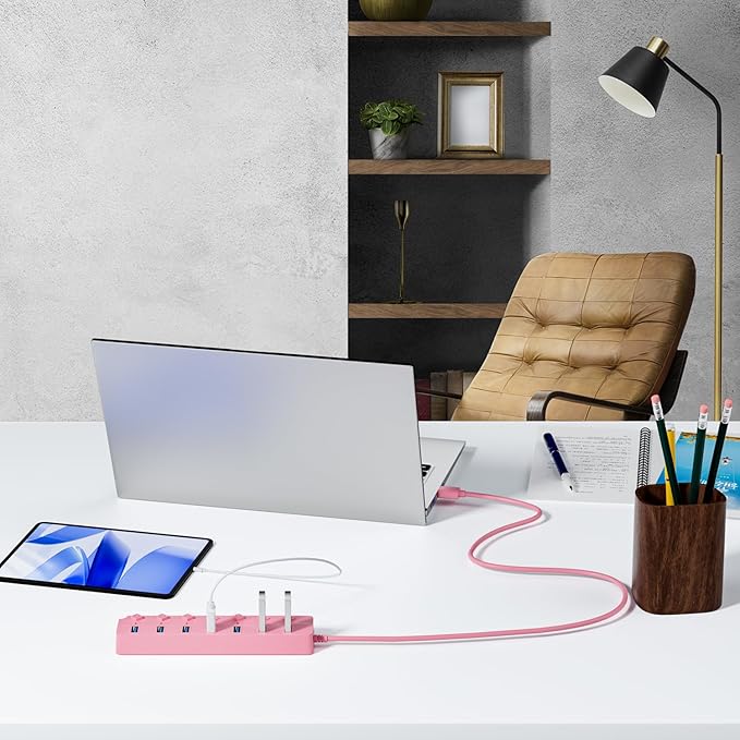 ONFINIO USB Hub 3.0, 7-Port USB Hub Splitter with Individual On/Off Switches and Lights, 3.2ft/1m Long Cable Compatible with MacBook, Laptop, Surface Pro, PS4, PC, Flash Drive, Mobile HDD-Pink