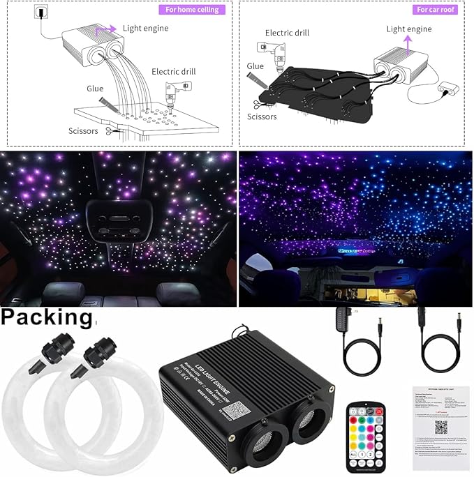 AZIMOM Dual Color 32W 400pcs Fiber Optic Starlight Headliner Kits 0.03in 9.8ft Fiber Strands Sound-Activated APP/Bluetooth Remote Control Home Car Star Ceiling Roof Decor