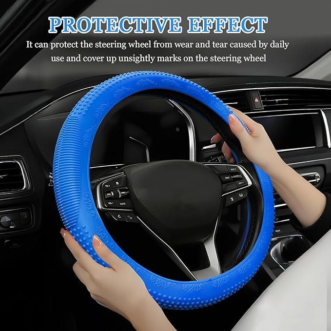 Wuyaoyao Car Steering Wheel Cover, Anti-Slip Silicone Steering Wheel Cover Protector, Non-Slip Massage Grip Auto Wheel Cover Fits 14-15 Inch, Universal Interior Car Accessories (Dark Blue)