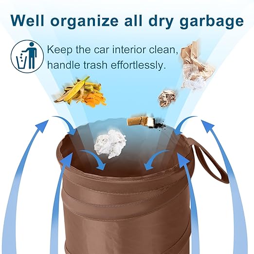 Car Trash Can, 2 Packs Mini Collapsible Car Trash Bin for Front Back Seat, Pop up Car Garbage Can, Portable Car Trash Bag Hanging for Vehicle SUV Rv Truck Accessories Interior, Brown