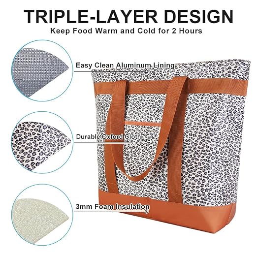 CIVJET Insulated Reusable Tote Bag for Grocery Shopping for Women/Men, Pizza/Food Delivery Bag to Keep Food Cold/Hot for Commercial Delivery Services, Cooler bags for Travel/Beach/Picnic, Cow Print