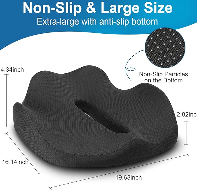 Ergonomic Seat Cushion for Office Chair &Car-Advanced Memory Foam Coccyx Pillow for Tailbone,Sciatica &Lower Back Pain Relief-Non-Slip Desk Chair Pad for Long Sitting,Posture Support-Black