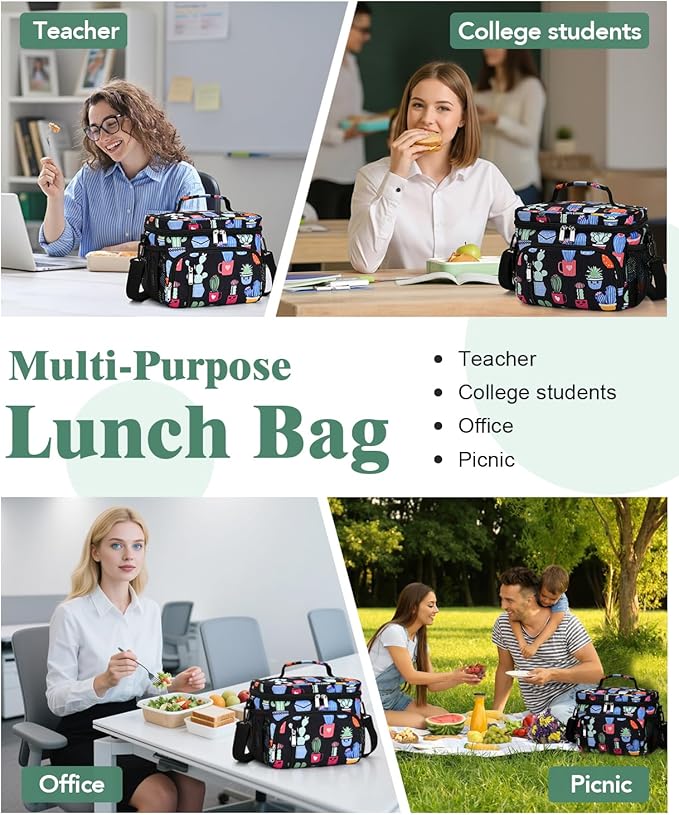 Insulated Lunch Bag for Men & Women, 9L Leakproof Lunch Box Soft Cooler Tote with 5 Pockets, 600D Oxford, EVA Lining, Adjustable Strap for Work, Picnic, Beach&Travel-Corduroy Cactus