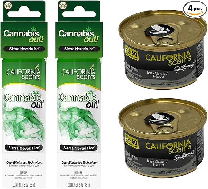 California Scents Spillproof Can and Cannabis Out Spray Combo Kit: Ice and Sierra Nevada Ice Car Air Fresheners – Long Lasting Car Air Fresheners with California Scents' Signature Fragrances