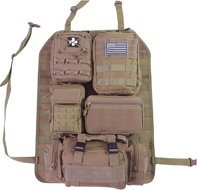 Universal Tactical Seat Back Organizer Vehicle Molle Panel Organizer Storage Bag with 5 Detachable Molle Pouch for All Vehicel Such as Jeep,Truck,SUV, Car, Ford,Chevy etc