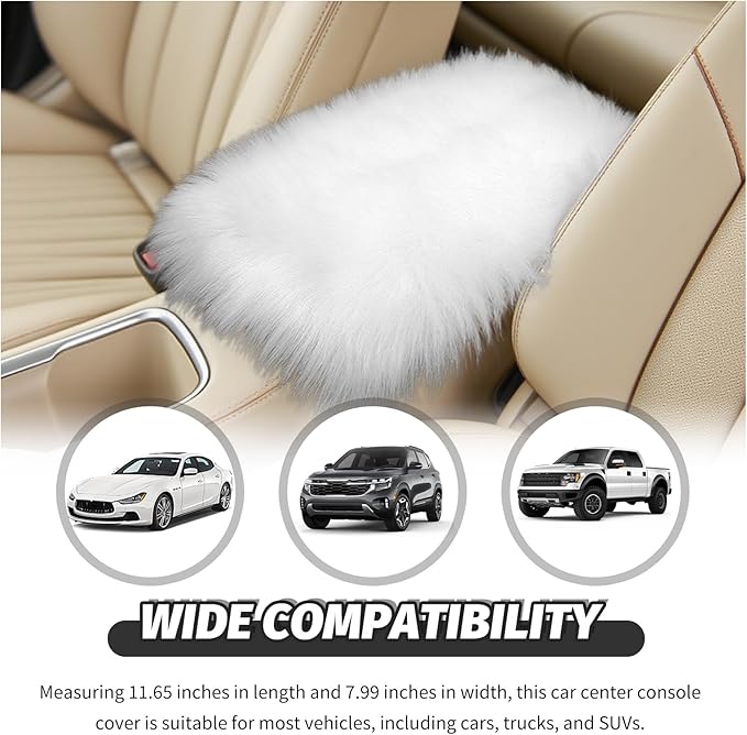 Soft Car Center Console Cover,Fluffy Arm Rest Cover for Car with Elastic Straps to Relieve Fatigue,Cars Armrest Cushion Universal Cars Decorations for Vehicles SUVs Trucks (White)