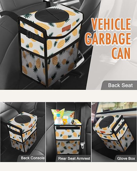 Pritent Car Trash Can with Lid, Cute Leakproof Car Trash Garbage Bag Hanging Vehicle Trash Bin Small Portable Automotive Garbage Cans Organizer for Back/Front Seat/Console(2.8 gal,Pineapple Print
