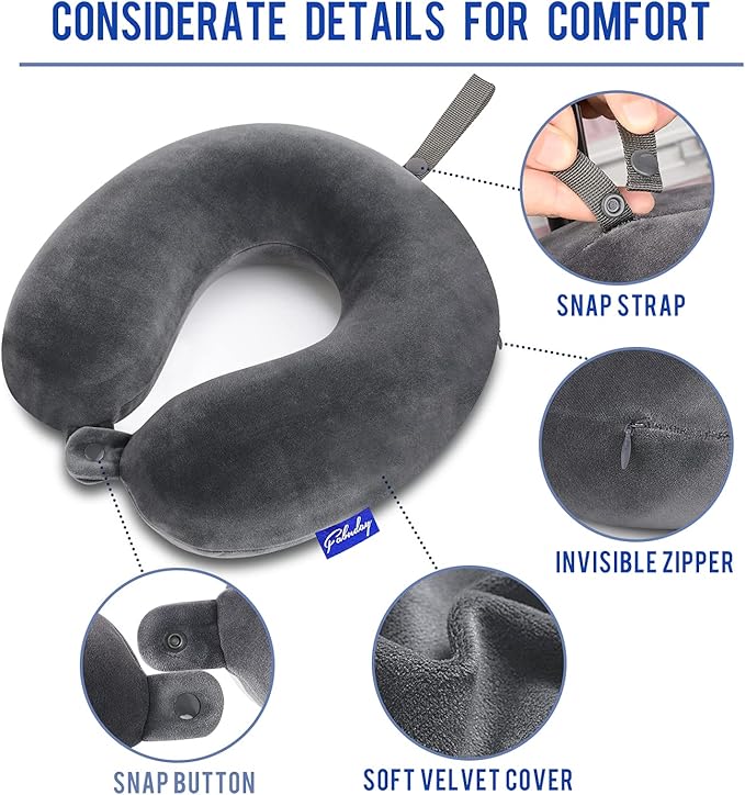 Travel Pillow Memory Foam for Airplanes - Neck Pillow for Traveling, Car, Home, Flight Pillow for Sleeping with Attachable Snap Strap Soft Washable Cover, Provide Head Neck Support Rest, Dark Gray