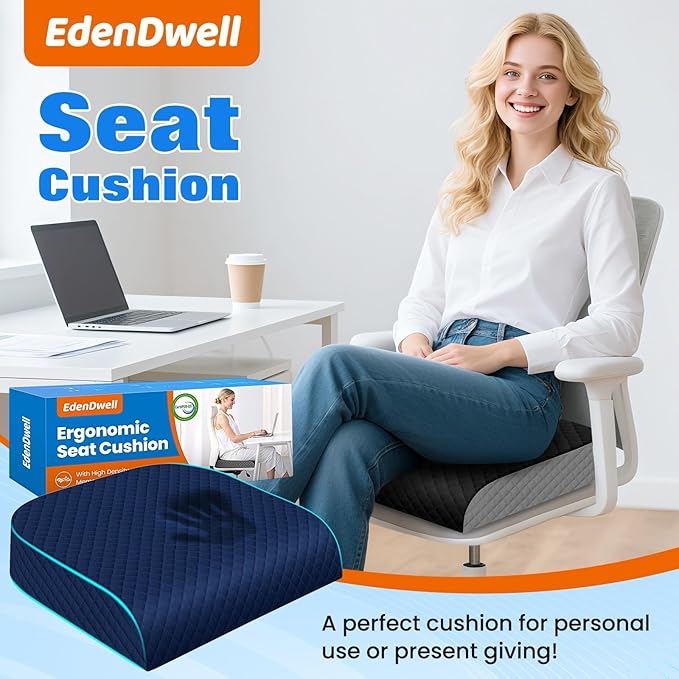 Seat Cushion for Office Chair, Memory Foam Chair Cushions, Car Seat Cushion for Long Sitting, Desk Chair Cushion for Pressure Relief, Non-Slip Bottom, Washable Cover, Large, Blue