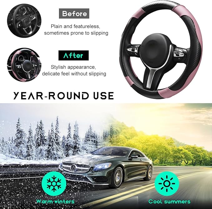 Car Steering Wheel Cover, 15 inch Carbon Fiber Microfiber Leather Elastic Steering Wheel Protector, Breathable Anti-Slip Comfortable Steering Wheel Covers for Most Cars (Black&Pink)