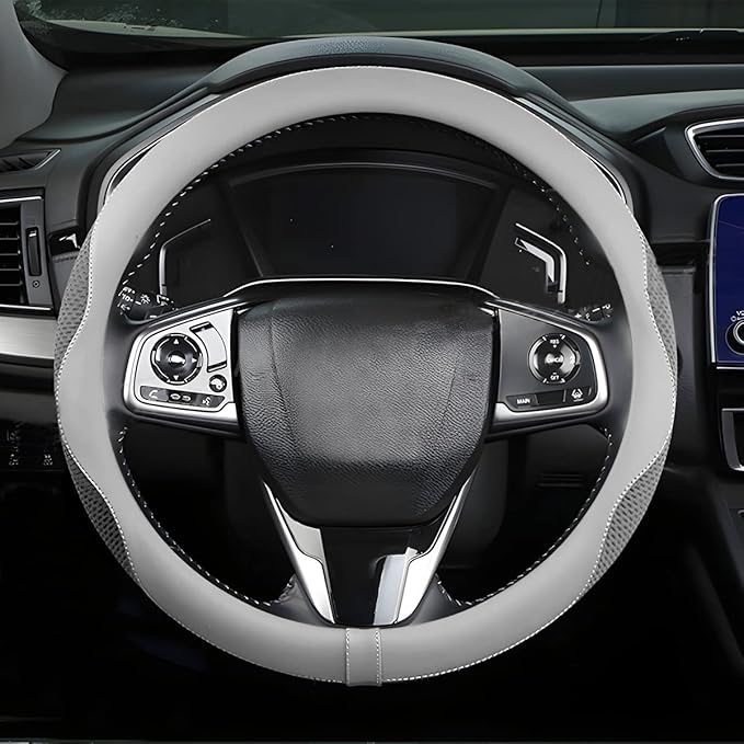 Car Steering Wheel Cover, Microfiber Breathable Ice Silk Leather Steering Wheel Cover Soft Anti-Slip Safety, 15inch Four Season Universal Fits for Most Truck,SUV,Cars (Gray)