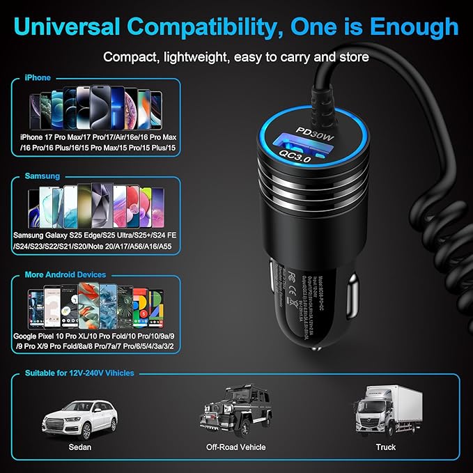 for iPhone 17e/17/16/15 Car Charger,48W PD+QC USB C Fast Car Charger Cigarette Lighter Adapter with 30W Built-in Coiled Type C Fast Charging Cable for iPhone 17e 17 Pro Max Air 16e 16 Pro Max 16 Plus