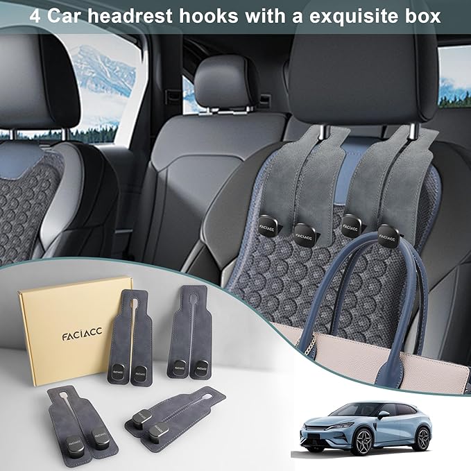 FACIACC 4 Pack Car Seat Headrest Hooks, Purse Hook for Headrest Universal Double Car Headrest Hooks Accessories Backseat Hanger Bag Holder Storage Hanger for Handbag Purse Coat Bags, Grey