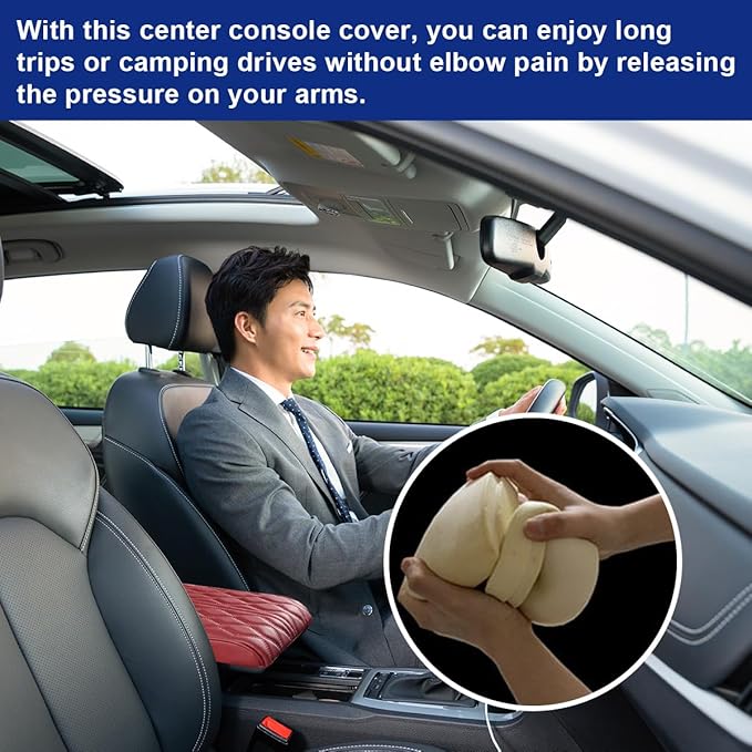 Ziciner Car Center Console Cover, Leather Memory Foam Armrest Cushion Protection Pad, Waterproof Hand Rest Pillow with Height Increase, Universal Accessory for Most Car (Wine Red)