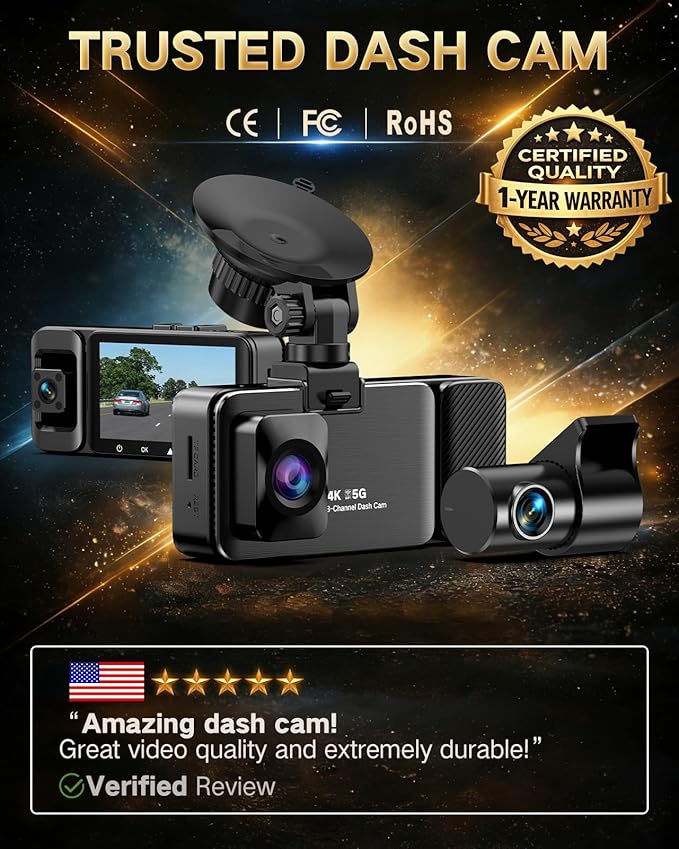 4K Dash Cam Front and Rear Inside, 3-Channel Cars Camera Dash with 170° Wide Angle, Free 64GB SD Card, 5.8GHz WiFi, Night Vision, G-Sensor, Loop Recording, Parking Monitor, USB C, Max 256GB