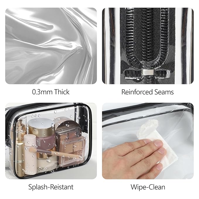 PACKISM TSA Approved Toiletry Bag - Clear Makeup Bag 3 Pack Medium, Metal Smooth Zipper Quart Size Bag for 3-1-1 Liquids, Travel Makeup Bag for Women Men, Airport Airline Compliant Bag, Black