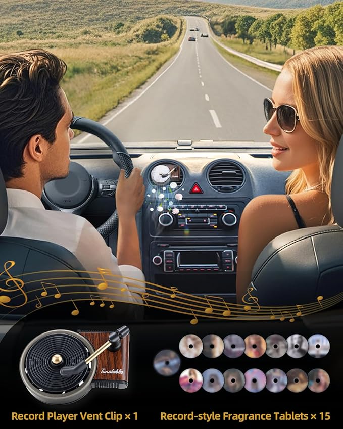 Record Player Car Air Freshener Vent Clip with 15pcs Refill Pads, Retro Ocean Breeze Aromatherapy Diffuser for Taylor Merch Gift, Air Freshener Car Decor Accessories, Music Lovers Gifts