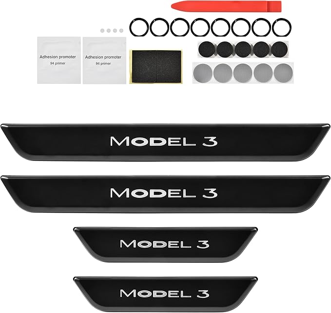 LED Door Sill Lights for Tesla Model 3 2017-2025 Accessories, ABS Scratch-Resistant Sill Protector with 7-Color RGB Lighting, Battery Powered Model 3 Pedal Mood Lamp, Matte Black, 4PCS