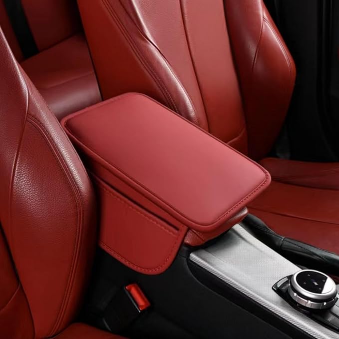 Thin Car Center Console Cover, PU Leather Armrest Cushion with 2 Side Storage Pockets, Universal Car Interior Accessories for Most Vehicles/SUV/Sedan (Thin-Pure Color, Red)