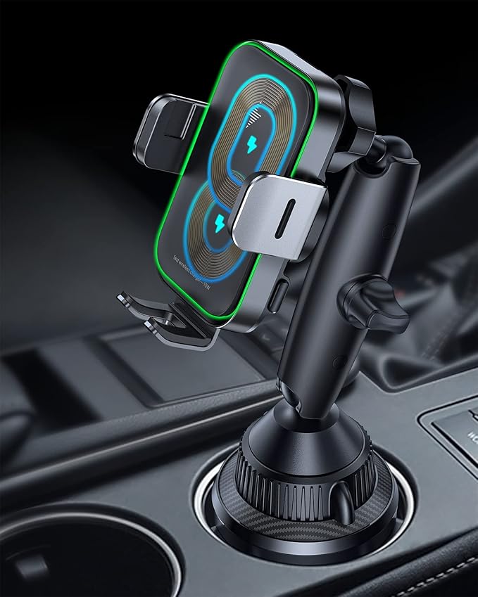 APPS2Car Dual Coil Wireless Car Charger Auto Clamping 15W Cup Holder Phone Wireless Charger Mount Fast Charge Tri-Pivots Height Adjustable Phone Holder Car Truck for iPhone 12-17, Samsung, LG, etc.