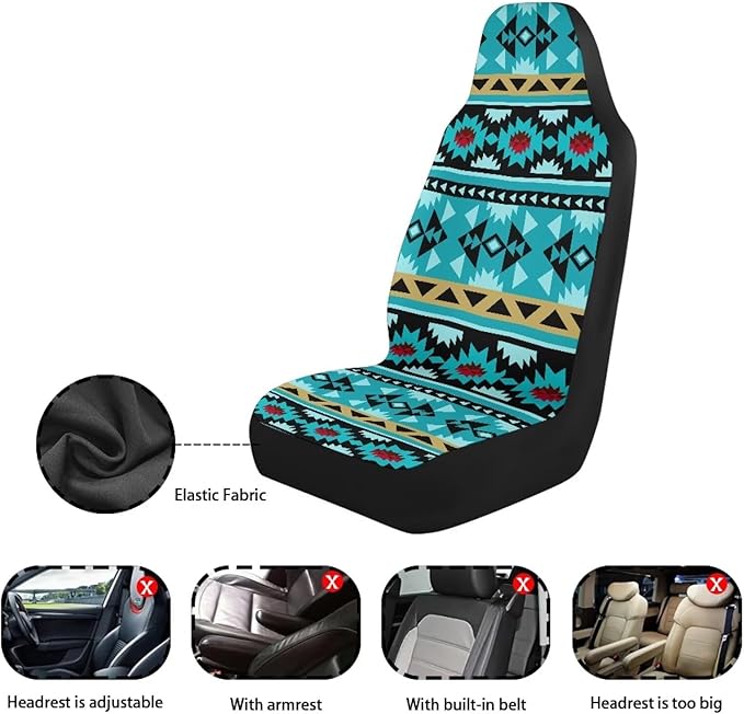 ELEQIN Blue Aztec Car Seat Covers Two Front Only for Car, Automotive Interior Covers, Quick Setup Universal Fit Seat Covers for Car, Truck, SUV