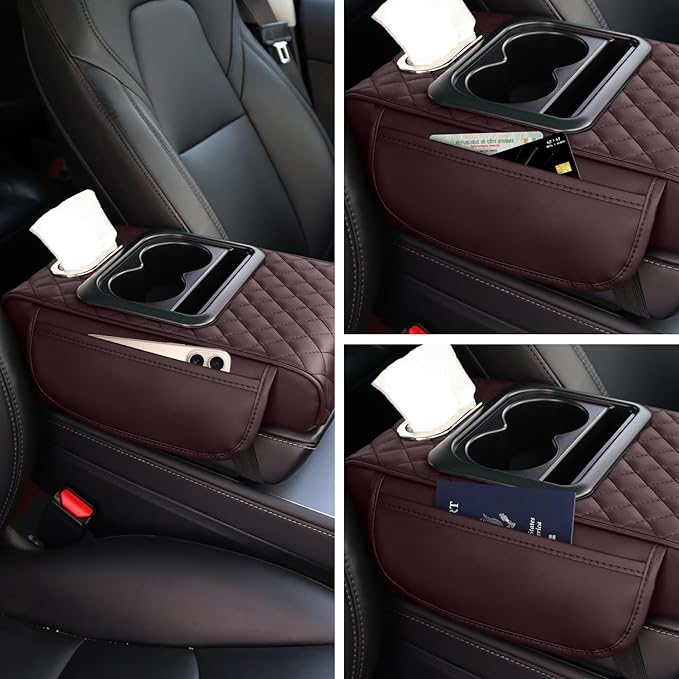 Car Armrest Cushion,5-in-1 Center Console Cover with 2 Storage Bags Cup Holder, Tissue Box Slot, Phone Slot for Sedans, Car Accessories Interior Organizers -Brown