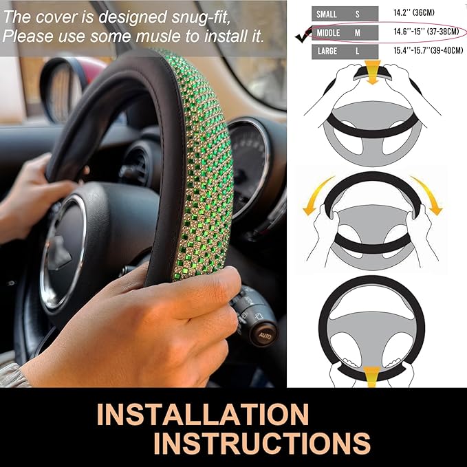 PINCTROT Bling Bling Comfy Steering Wheel Cover with Jumbo Crystal Rhinestones, Anti-Slip Diamond Leather, Universal 15 Inch (Vivid Green)