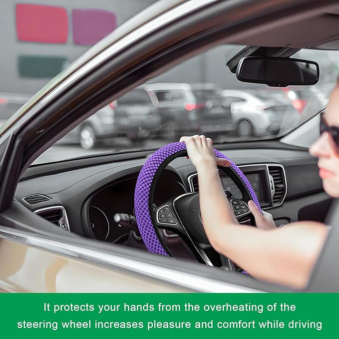 Elastic Steering Wheel Cover, 15"×15" Breathable Ice Silk Steering Wheel Protector, Universal Auto Wheel Wrap Anti-Slip Soft Cover for Ultimate Comfort, Car Accessories (Purple)