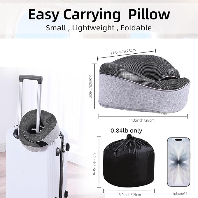 Travel Neck Pillows for Airplanes- 360° Support Memory Foam Travel Pillow with Portable Carry Bag Including Eye Mask & Earplugs, Gift for Long Flights, Car Rides & Office Naps (Grey)