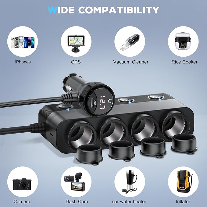 Cigarette Lighter Splitter Car Charger, 300W 4 Socket Car Plug in Outlet 12V Adapter with Dual PD 36W and QC3.0 USB C Multi Port & Independent Switch & Dust Cover & Voltmeter for All Car Devices
