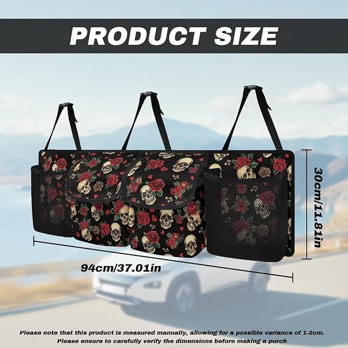 Skull Rose Car Trunk Organizer with 4 Storage Bags Hanging Waterproof Car Back Seat Organizer for SUV,Truck,Van Collapsible Cargo Bag