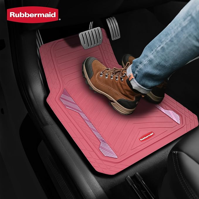 Rubbermaid Car Floor Mat, Heavy Duty All-Weather Car Mats Full Set with Dual-Tone Pink and Sliver Aluminum Inserts – Universal Fit, Anti-Slip Backing, Trim-to-Fit for Most SUV, Sedan, Van