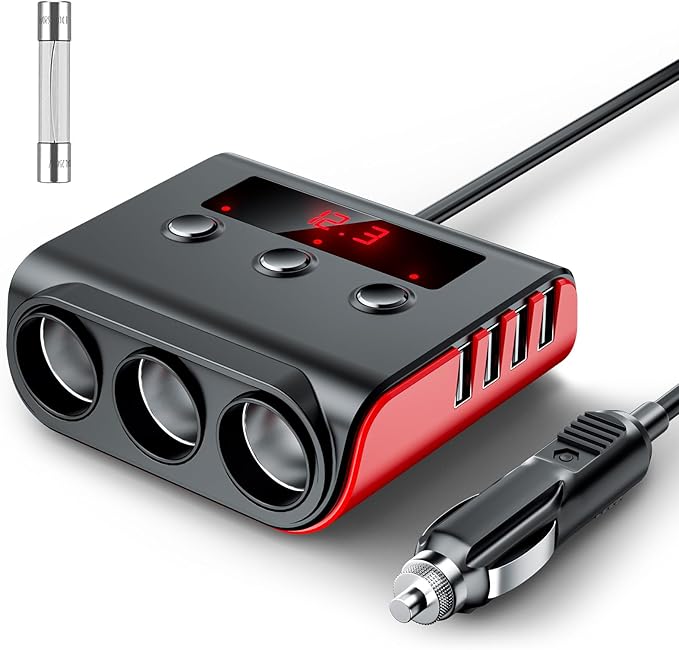7 in 1 Cigarette Lighter Splitter, SONRU 3 Sockets Cigarette Lighter Splitter with 4 Fast Charging USB Ports, 120W 12V/24V DC Independent Power Switches & LED Voltage Display for All Car Devices