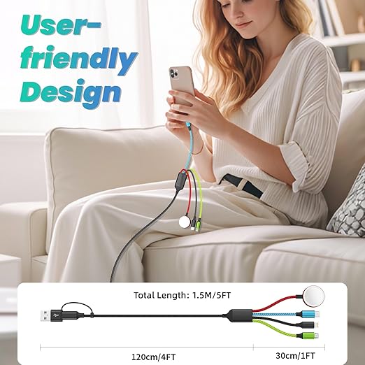 Travel Essentials 4 in 2 Multi Charging Cable for iWatch Charger, USB A/USB C Charging Cords for iWatch Ultra/SE/11-2, iPhone 17-11, Galaxy S25-21, iPad (1PACK 5FT)