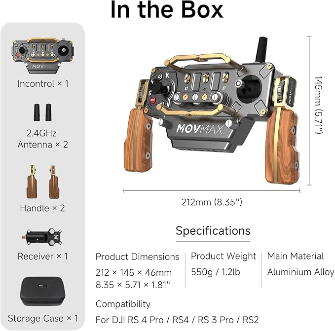 MOVMAX Incontrol Kit for DJI Ronin Stabilizers, Aluminum Remote Controller Compatible with DJI RS4 Pro, RS4, RS3 Pro, RS2 Stabilizer, Up to 15 Hours of Use with Storage Case