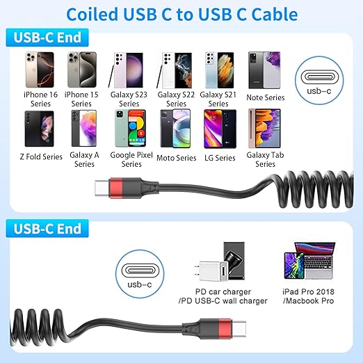 Coiled USB C to USB C Cable, 2 Pack 3FT USBC Car Charger Cord, USBC to USBC Coiled Cable Fast Charging for Carplay, iPhone 17/16/15 Plus/Pro Max, Samsung Galaxy S25 S24 S23, Pixel 10 9