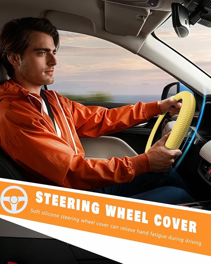 WOCOCN Car Steering Wheel Cover, Thin Anti-Skid Silicone Steering Wheel Cover for Men & Women, Universal Automotive Interior Accessories for Most Cars (Bright Yellow)