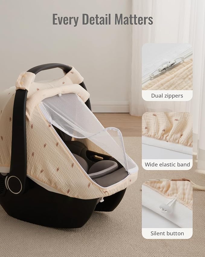 Blissful Diary Baby Car Seat Cover, Extra Large Mesh Window, Breathable Muslin Cotton, Infant Windproof Canopy, Must-Have Baby Gift - Sunshine