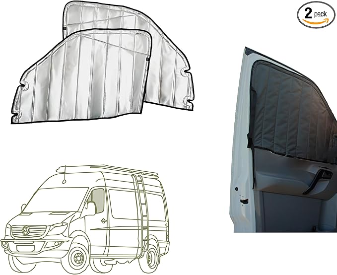 VanEssential Insulated Reflective Blackout Magnetic Window Covers Designed for Mercedes-Benz NCV3 (Van Years 2007 to 2018), Front Door (Pair), Charcoal Gray Reflective