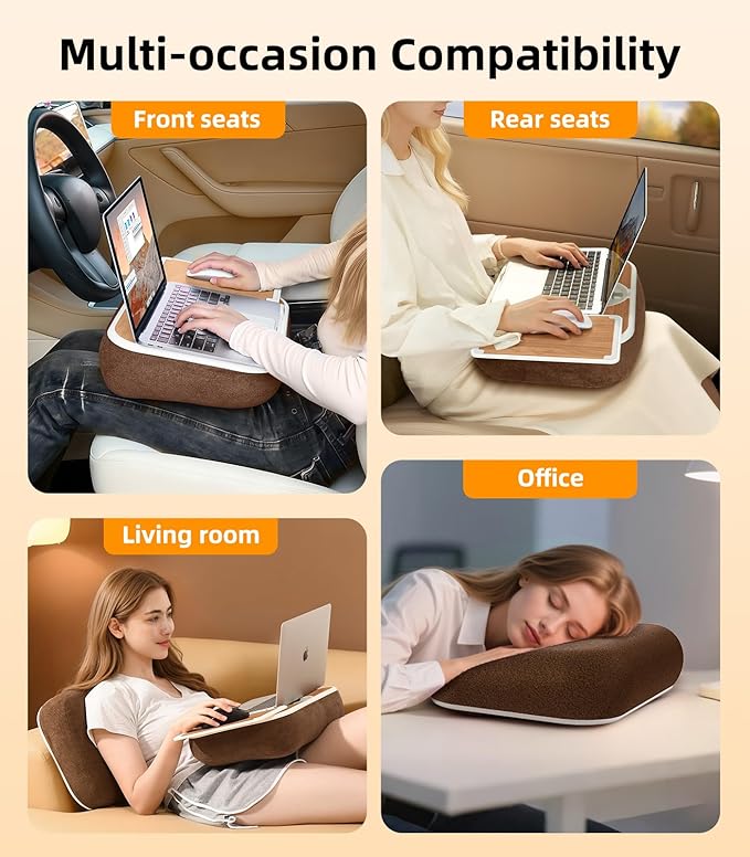 Car Seat Tray Pillow Stand, Laptop Lap Desk with Mouse Pad, Portable Food Tray with Tablet/Kindle Mount Holder, Front/Rear Seat Table for Office/Eating/Reading, Travel Essentials Accessories